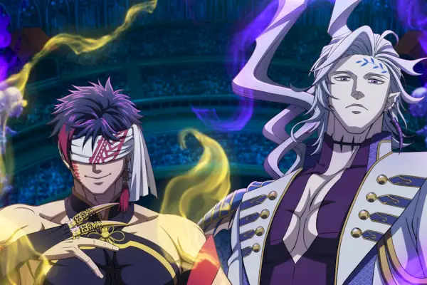 Ilustración de dos personajes de Record of Ragnarok, uno con los ojos vendados, de pie en una arena.