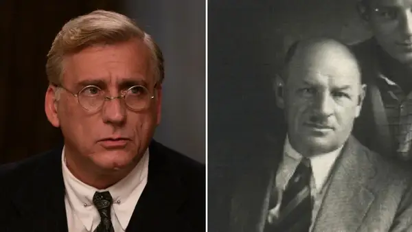 From left to right: Lior Ashkenazi who portrays Sol Kurc, and the real-life Sol Kurc, patriarch of the family (Hulu/Courtesy of Georgia Hunter)