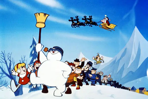 Illustration de Frosty le bonhomme de neige tenant un balai, avec des gens et le Père Noël dans son traîneau en arrière-plan.