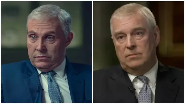 Side-by-side images of Rufus Sewell extensive prosthetics makeup in Netflix