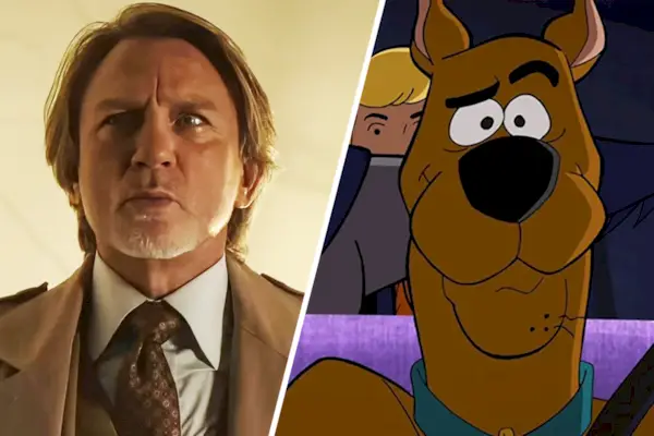 Daniel Craig dans Wake Up Dead Man à côté d'une photo de Scooby Doo