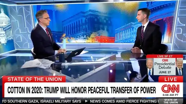 Jake Tapper fordert Tom Cotton in seinem Staat 2020 heraus, dass Trump die Wahlergebnisse akzeptieren würde