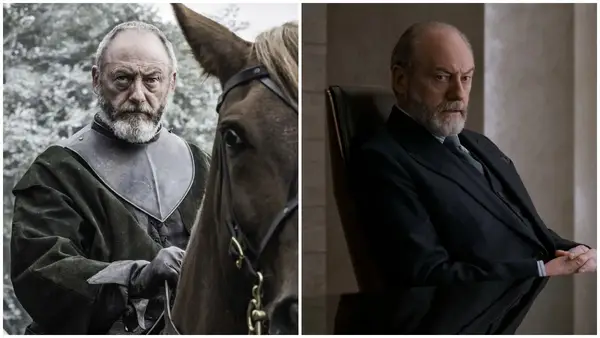 A split image of Liam Cunningham as Davos Seaworth in 