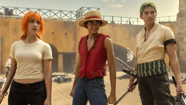 Nami (Emily Rudd), Roronoa Zoro (Mackenyu Arata) and Monkey D. Luffy (Iñaki Godoy) in 