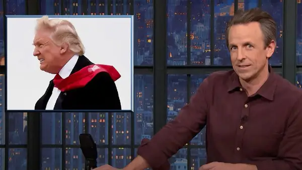 Seth Meyers macht sich über Trumps Kritik an Nikki Haleys Kleid lustig: Ein Junge mit einem Jungen mit Klebeband auf der Rückseite seiner Krawatte