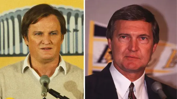 Jason Clarke as Jerry Buss, and the real Jerry Buss (Photo credit: HBO, Getty Images)