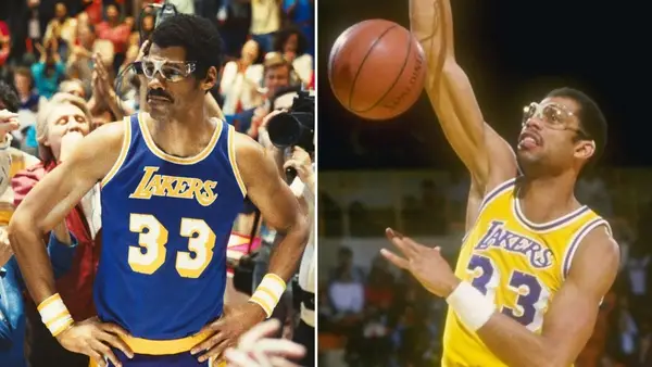 Solomon Hughes as Kareem Abdul-Jabbar, and the real s Kareem Abdul-Jabbar (Photo credit: HBO, Getty Images)
