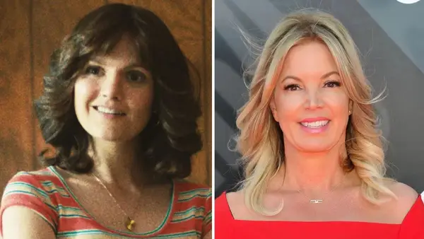 Hadley Robinson as Jeanie Buss, and the real Jeanie Buss (Photo credit: HBO, Getty Images)