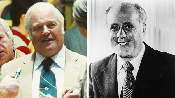 Michael Chiklis as Red Auerbach, and the real Red Auerbach (Photo credit: HBO, Getty Images)