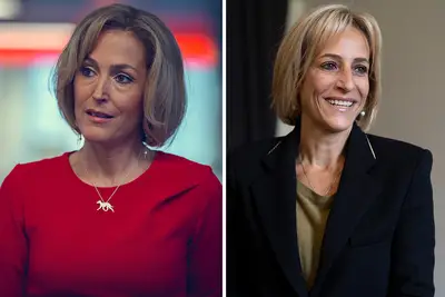 Gillian Anderson as Emily Maitlis in Scoop, and the real Emily Maitlis