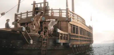 SHOGUN 103 Sequence start as Blackthorne teaches Toranaga how to dive while everybody looks on; they dive in the water to race to shore.