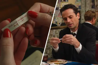 Rachel Brosnahan and Luke Kirby holding a fortune in 