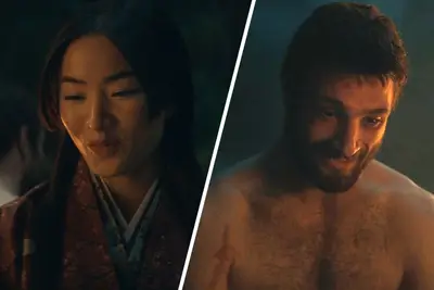 Slanted side-by-side of Anna Sawai and Cosmo Jarvis in the hot spring scene in 