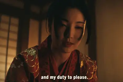 „Shōguns erste großartige Sexszene enthüllt, wie der Höfling Kiku seine Kunden in mehr als einem Sinne als eines überstreift