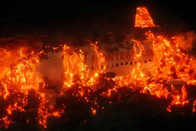 Flight 828 emerging from lava on 