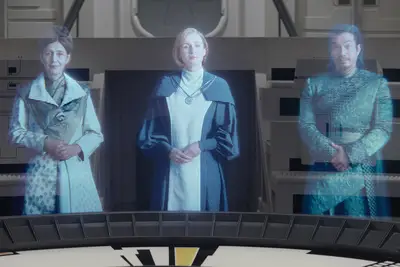 (L-R): Senator Mawood (Maurice Irvin), Senator Rodrigo (Jacqueline Antaramian), Chancellor Mon Mothma (Genevieve O