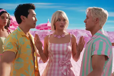 Simu Liu, Margot Robbie, and Ryan Gosling in 
