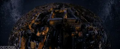 3 BODY PROBLEM Ep5 Illusions, a fisheye landscape like a multiverse, focusing down to Auggie’s eye