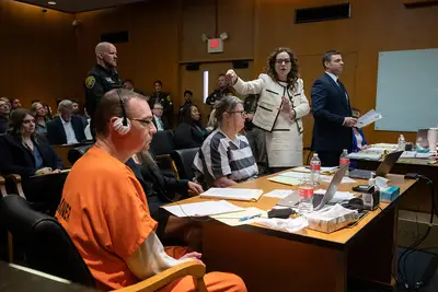  James Crumbley, his attorney Mariell Lehman, Jennifer Crumbley, and her attorney Shannon Smith, sit in court for sentencing on four counts of involuntary manslaughter for the deaths of four Oxford High School students who were shot and killed by the Crumbley parents