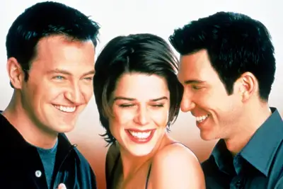 THREE TO TANGO, key art, from left: Matthew Perry, Neve Campbell, Dylan McDermott,