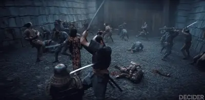 SHOGUN Ep9 Swordsmen clashing all around Mariko in the courtyard