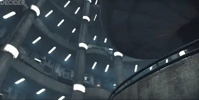 Silo ep8 FINAL SHOT OF BILLINGS AND SIMS RUNNING TO LOOK OVER THE RAIL