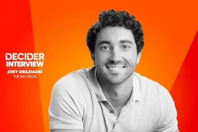 JOEY GRAZIADEI in black and white on a bright orange background