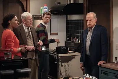 Toks Olagundoye as Olivia, Nicholas Lyndhurst as Alan, Anders Keith as David and Kelsey Grammer as Frasier Crane in Frasier