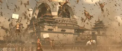 3 BODY PROBLEM 103 Soldiers and horses falling upward in a Bosch-like panorama of chaos