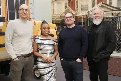 Justin Halpern, Quinta Brunson, Patrick Schumacker, and Randall Einhorn at the 2024 Winter Television Critics Association Press Tour Warner Bros. Television Group Studio Day
