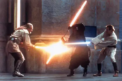 STAR WARS: EPISODE 1-THE PHANTOM MENACE, l-r: Liam Neeson, Ray Park, Ewan McGregor, 1999. TM and Copyright © 20th Century Fox Film Corp. All rights reserved./courtesy Everett Collection