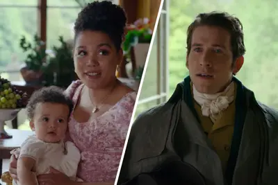 Slanted side-by-side of Marina and Sir Phillip in Bridgerton Season 2