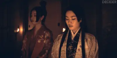 SHOGUN 106 tea house sequence start; Anjin looking at Mariko who translates for Kiku