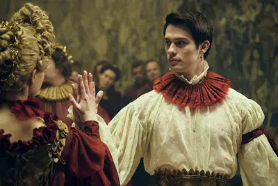 George Villiers (Nicholas Galitzine) dancing in lace top in 
